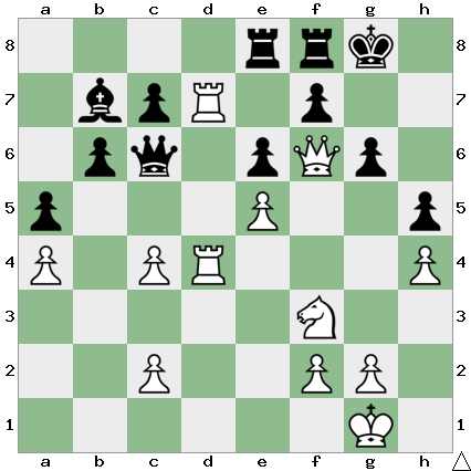 Short, N . × Timman, J. (Tilburg, 1991)
4rrk1/1bpR1p2/1pq1pQp1/p3P2p/P1PR3P/5N2/2P2PP1/6K1 w - h6 0 31